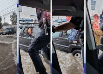 Rescatan agentes de Tránsito a familia atrapada durante fuerte lluvia
